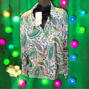 Zara Floral Paisley Button Up Blouse Shirt Top Silky Polyester Size XXL 2X NWT